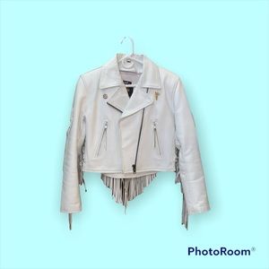 Hot Leathers White Fringed Leather Jacket Vintage Moto / Biker Jacket